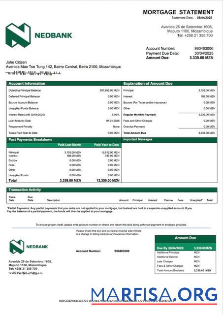Blank Mozambique Nedbank Moçambique mortgage statement Word and PDF template